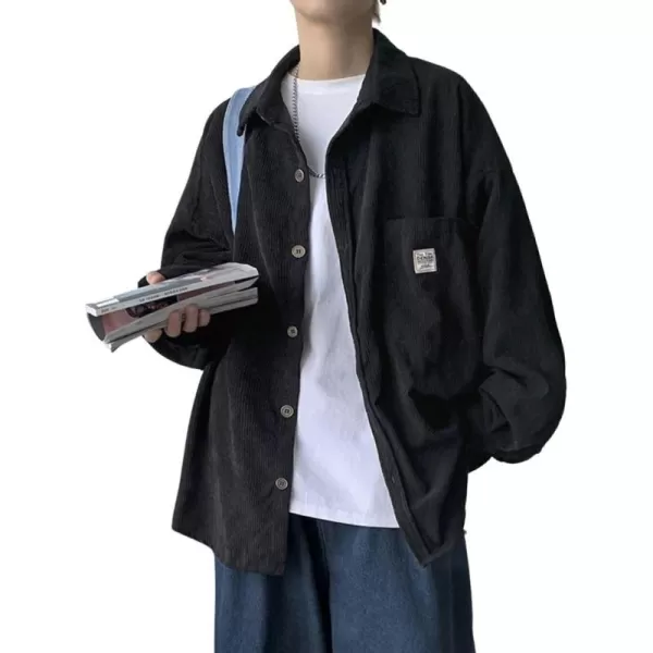 chouyatou Mens Vintage Casual Corduroy Shirt Tops Long Sleeve Button Down Oversized Cowboy Corduroy Jacket ShacketBlack