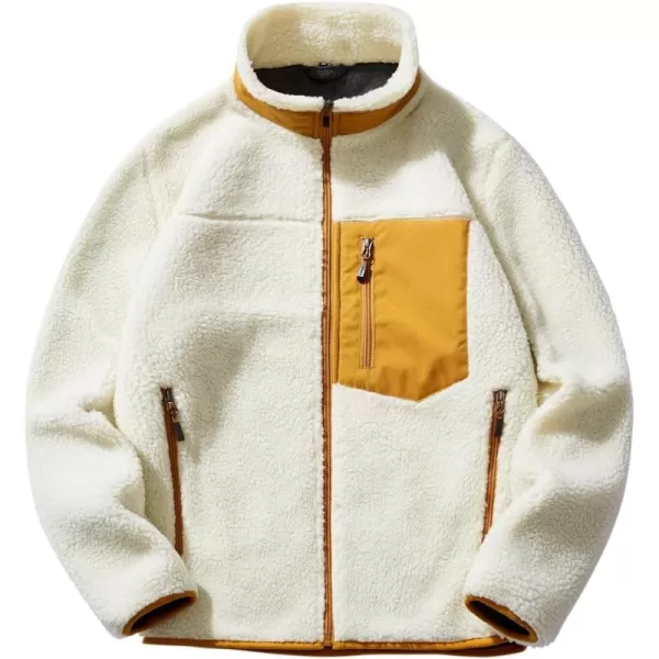 chouyatou Mens Winter Stand Collar Contrast Zip Pocket Fuzzy Sherpa Warm Zip Up Fleece Hoodie JacketBeige