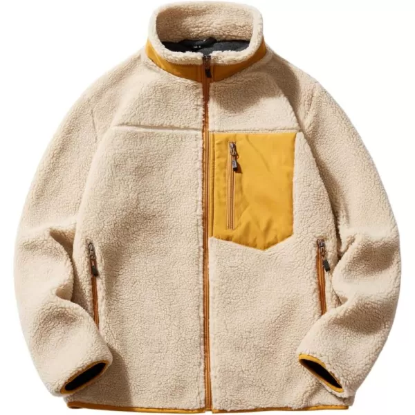 chouyatou Mens Winter Stand Collar Contrast Zip Pocket Fuzzy Sherpa Warm Zip Up Fleece Hoodie JacketKhaki