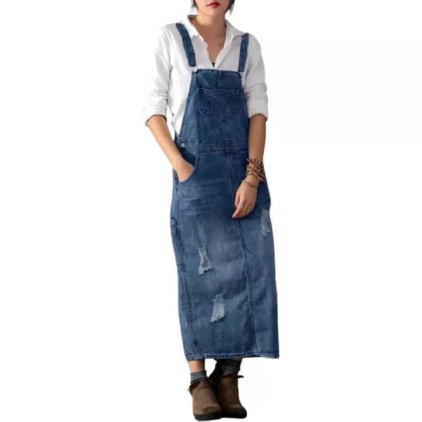 chouyatou Womens Adjustable Strap Distressed Denim Overall Dress ALine Pinafore Jean Dress with SplitBlue