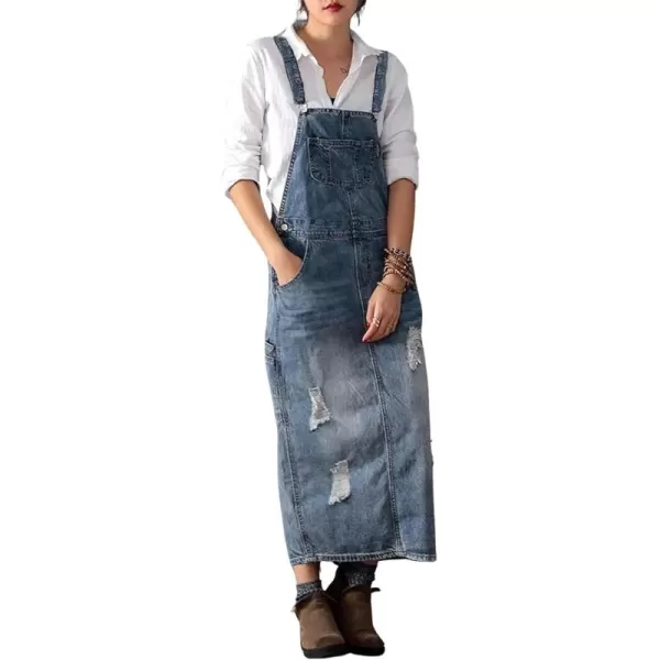 chouyatou Womens Adjustable Strap Distressed Denim Overall Dress ALine Pinafore Jean Dress with SplitLight Blue