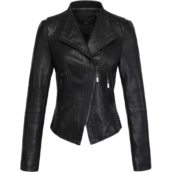 chouyatou Womens Casual Collarless Cropped Pu Leather Biker JacketBlack