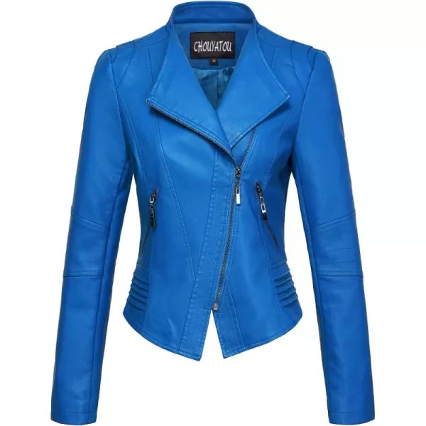 chouyatou Womens Casual Collarless Cropped Pu Leather Biker JacketBlue