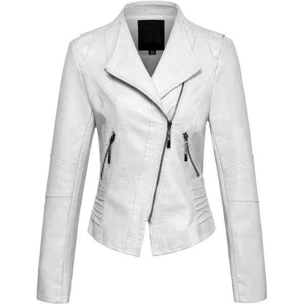 chouyatou Womens Casual Collarless Cropped Pu Leather Biker JacketWhite