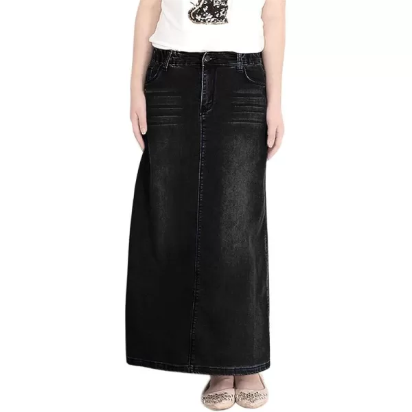 chouyatou Womens Casual Stretch Waist Washed Denim Aline Maxi SkirtBlack