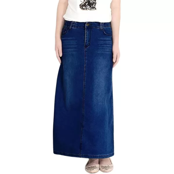 chouyatou Womens Casual Stretch Waist Washed Denim Aline Maxi SkirtDeep Blue