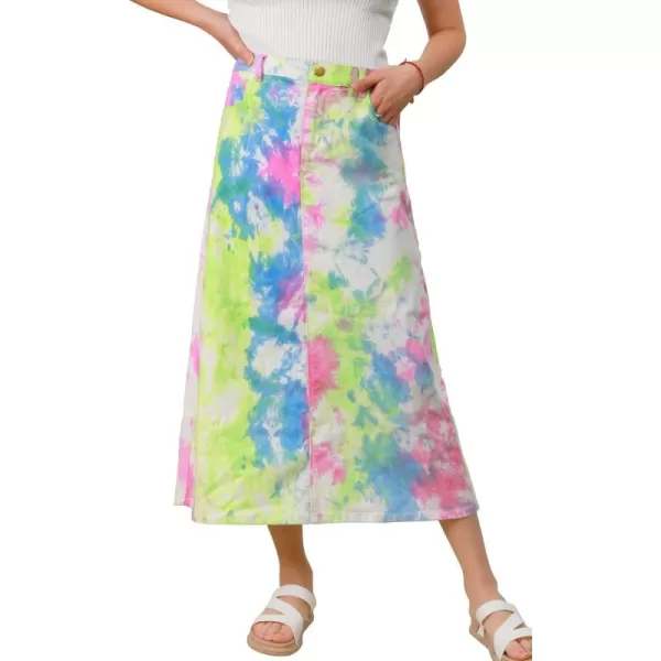 chouyatou Womens Casual Stretch Waist Washed Denim Aline Maxi SkirtTiedye Pink