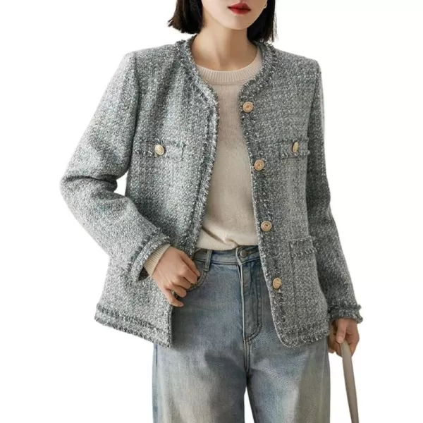 chouyatou Womens Elegant Houndstooth Tweed Jacket Button Down Fringed Tassel Blazer Jacket CoatBluish Grey