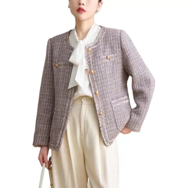 chouyatou Womens Elegant Houndstooth Tweed Jacket Button Down Fringed Tassel Blazer Jacket CoatPink