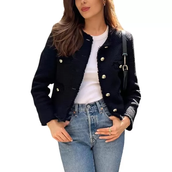 chouyatou Womens Fall Business Casual Tweed Jacket Button Down Fringed Tassel Office Work Blazer CoatBlack