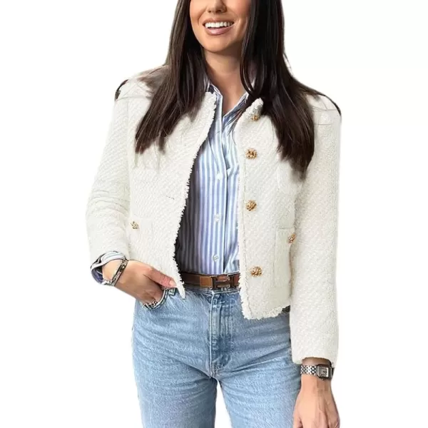 chouyatou Womens Fall Business Casual Tweed Jacket Button Down Fringed Tassel Office Work Blazer CoatWhite