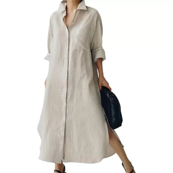 chouyatou Womens Spring Button Down Cotton Shirt Dress Summer Flowy Side Slit Maxi Shift DressApricot