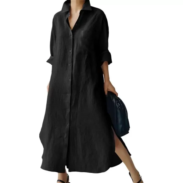 chouyatou Womens Spring Button Down Cotton Shirt Dress Summer Flowy Side Slit Maxi Shift DressBlack