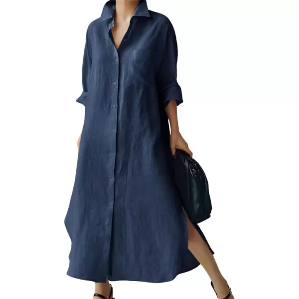 chouyatou Womens Spring Button Down Cotton Shirt Dress Summer Flowy Side Slit Maxi Shift DressNavy Blue