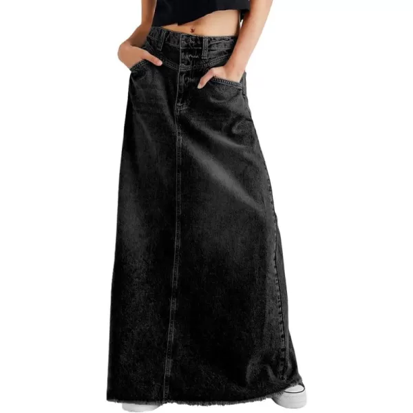 chouyatou Womens Vintage ALine Frayed Maxi Denim Skirt Distressed High Waist Long Jean SkirtBlack