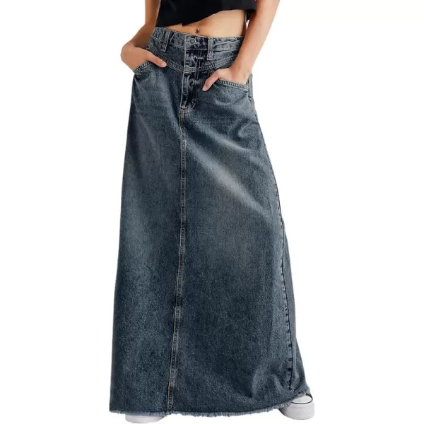 chouyatou Womens Vintage ALine Frayed Maxi Denim Skirt Distressed High Waist Long Jean SkirtBlue