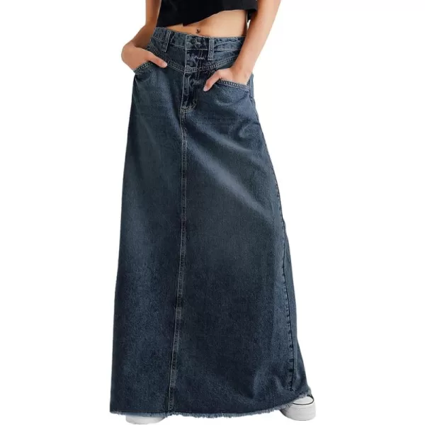 chouyatou Womens Vintage ALine Frayed Maxi Denim Skirt Distressed High Waist Long Jean SkirtDark Blue