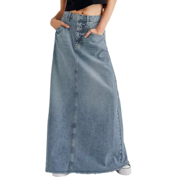 chouyatou Womens Vintage ALine Frayed Maxi Denim Skirt Distressed High Waist Long Jean SkirtLight Blue