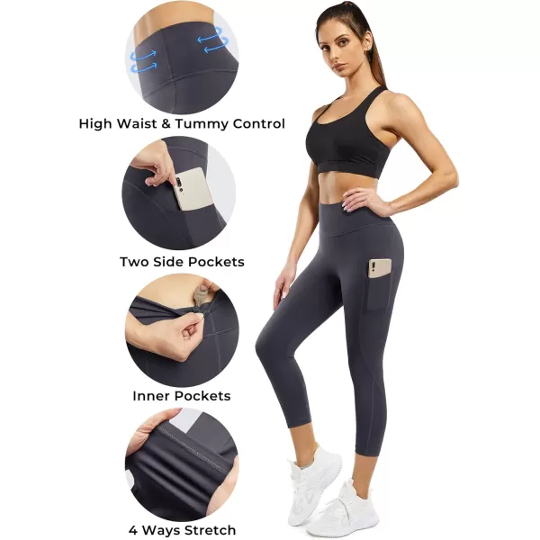 STYLEWORD Womens Yoga Pants with Pockets High Waist Workout Leggings Running PantsDark Gray Capris090b 22inch