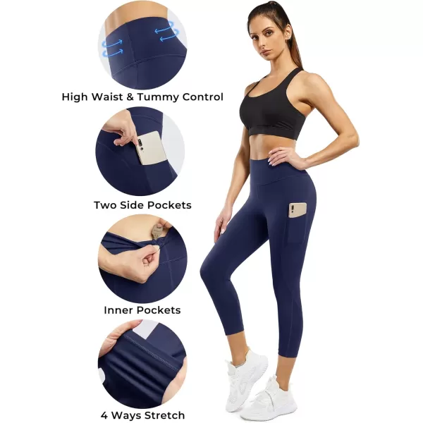 STYLEWORD Womens Yoga Pants with Pockets High Waist Workout Leggings Running PantsNavy Capris090c 22inch