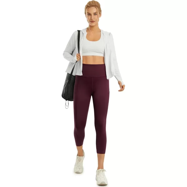 STYLEWORD Womens Yoga Pants with Pockets High Waist Workout Leggings Running PantsWine Capris090g 22inch