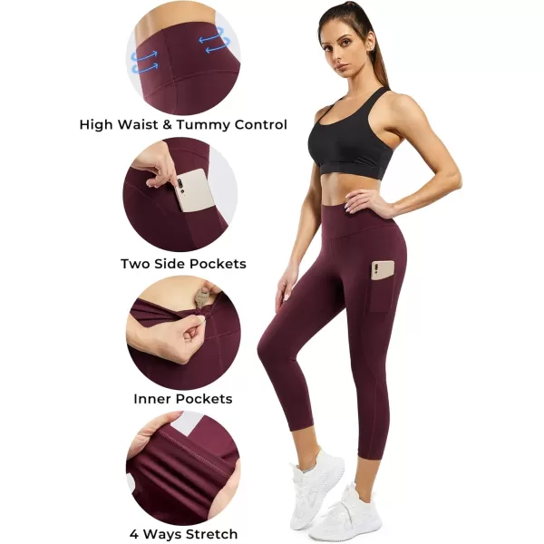 STYLEWORD Womens Yoga Pants with Pockets High Waist Workout Leggings Running PantsWine Capris090g 22inch