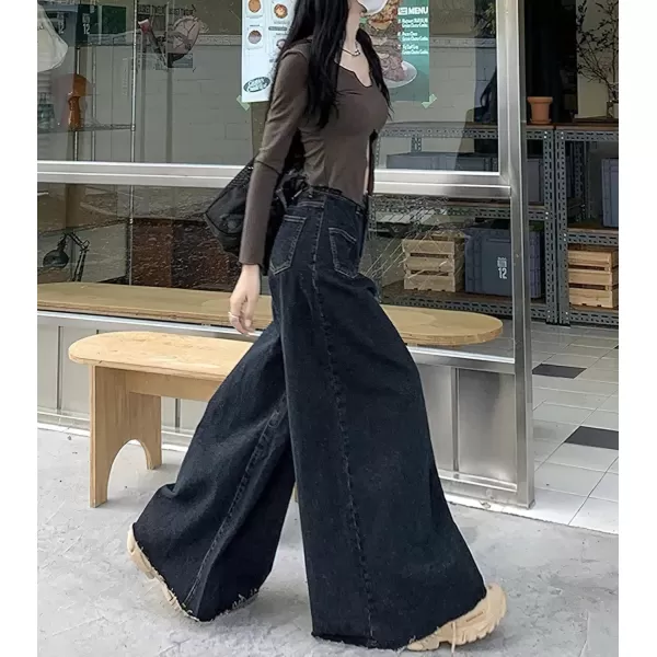 chouyatou Womens Baggy High Waisted Jeans Y2K Flared Wide Leg Jeans Palazzo Denim PantsBlack