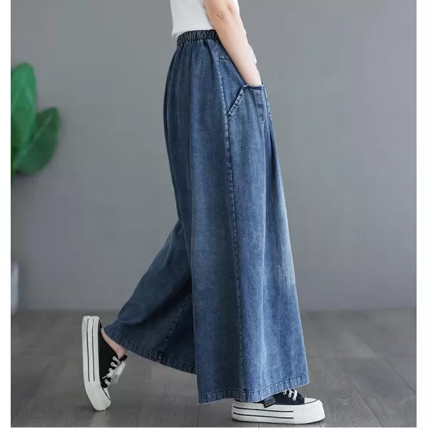 chouyatou Womens Casual Wide Leg Denim Pants Drawstring Waist Baggy Culotte Jeans Loose TrousersDark Blue