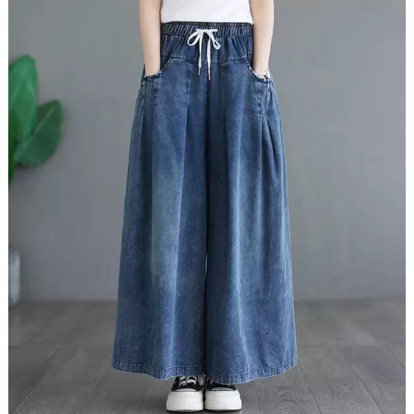 chouyatou Womens Casual Wide Leg Denim Pants Drawstring Waist Baggy Culotte Jeans Loose TrousersDark Blue