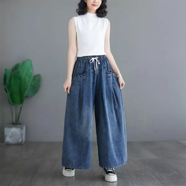 chouyatou Womens Casual Wide Leg Denim Pants Drawstring Waist Baggy Culotte Jeans Loose TrousersDark Blue