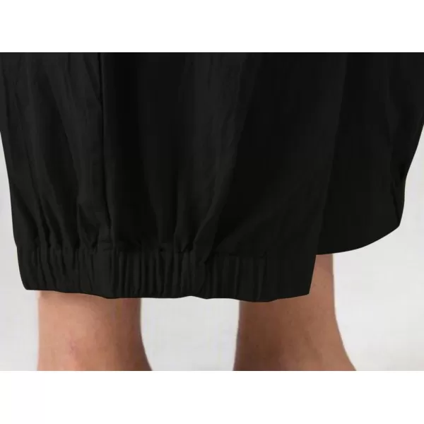 chouyatou Womens Elastic High Waisted Cotton Linen Pants Wide Leg Summer Casual Pants Cropped TrousersBlack