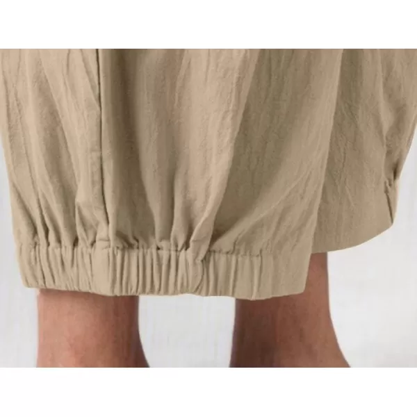 chouyatou Womens Elastic High Waisted Cotton Linen Pants Wide Leg Summer Casual Pants Cropped TrousersKhaki