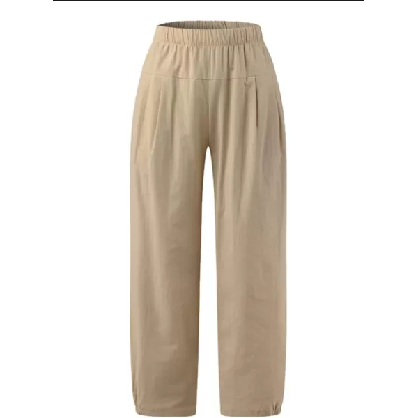 chouyatou Womens Elastic High Waisted Cotton Linen Pants Wide Leg Summer Casual Pants Cropped TrousersKhaki