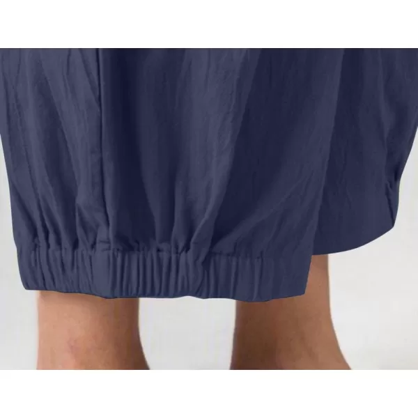 chouyatou Womens Elastic High Waisted Cotton Linen Pants Wide Leg Summer Casual Pants Cropped TrousersNavy Blue