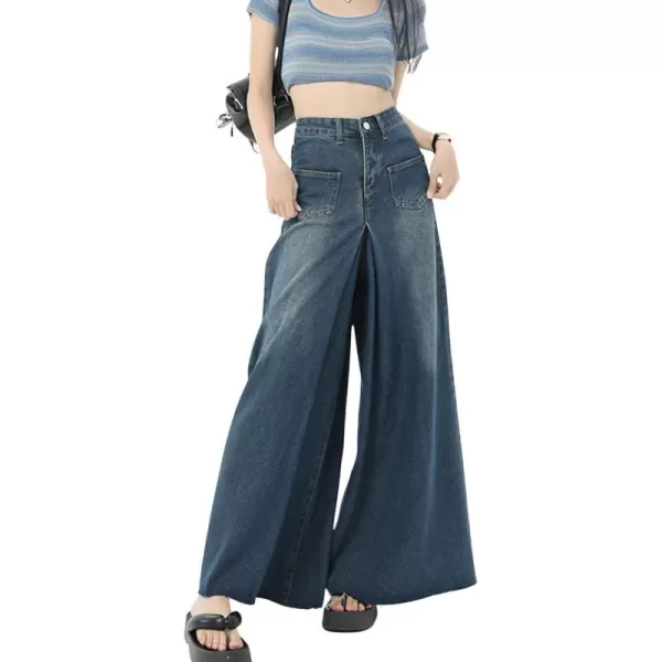 chouyatou Womens Baggy High Waisted Jeans Y2K Flared Wide Leg Jeans Palazzo Denim PantsBlue