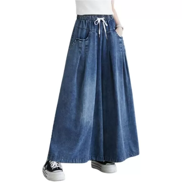 chouyatou Womens Casual Wide Leg Denim Pants Drawstring Waist Baggy Culotte Jeans Loose TrousersDark Blue