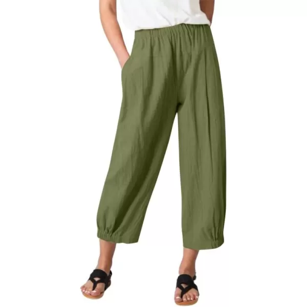 chouyatou Womens Elastic High Waisted Cotton Linen Pants Wide Leg Summer Casual Pants Cropped TrousersArmy Green