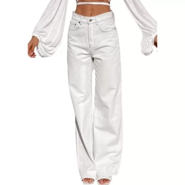 chouyatou Womens High Waist Boyfriend Jeans Y2K Streetwear Straight Leg Palazzo Denim PantsWhite