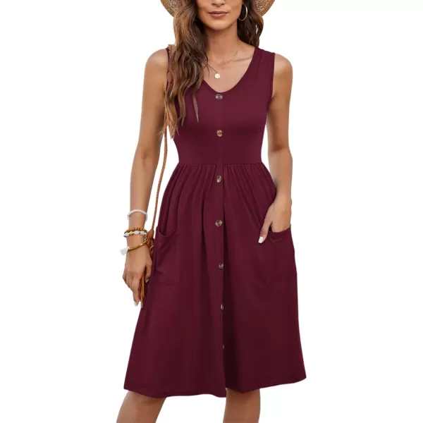 MOLERANI Women Summer Dresses Sleeveless Casual Loose Swing Button Down Midi Dress with Pockets01wine Red