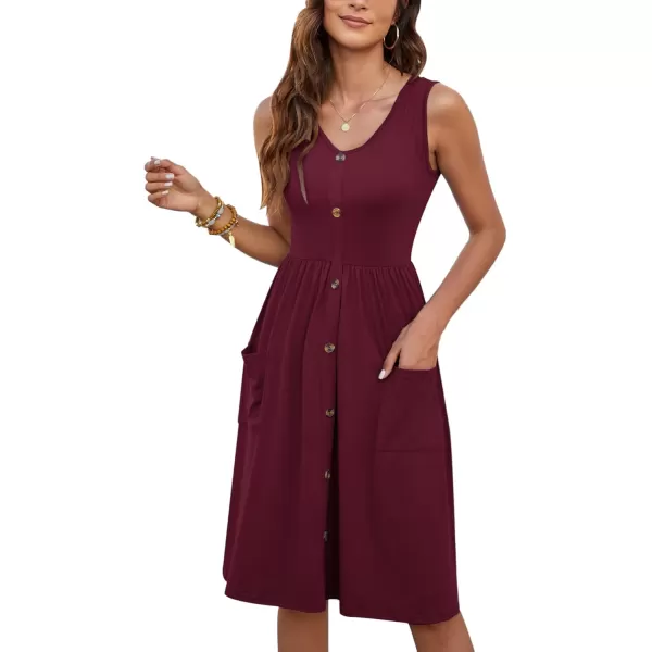 MOLERANI Women Summer Dresses Sleeveless Casual Loose Swing Button Down Midi Dress with Pockets01wine Red