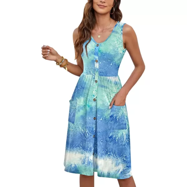MOLERANI Women Summer Dresses Sleeveless Casual Loose Swing Button Down Midi Dress with Pockets02dyed Blue Green White