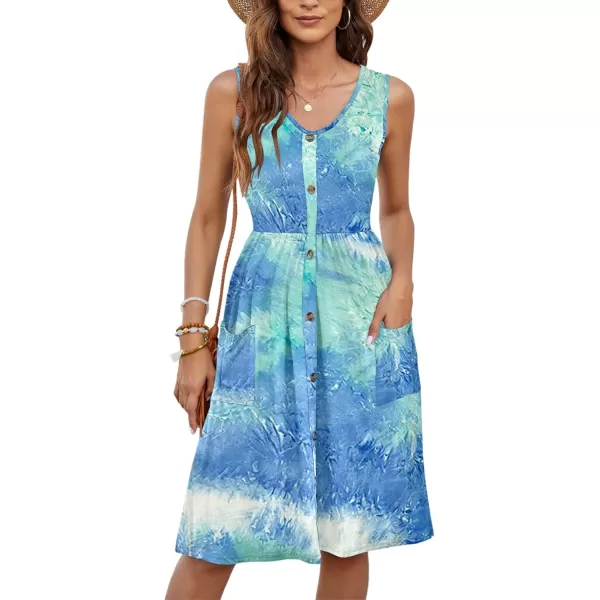 MOLERANI Women Summer Dresses Sleeveless Casual Loose Swing Button Down Midi Dress with Pockets02dyed Blue Green White