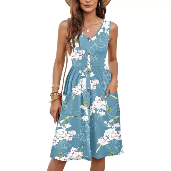 MOLERANI Women Summer Dresses Sleeveless Casual Loose Swing Button Down Midi Dress with Pockets02floral Light Blue