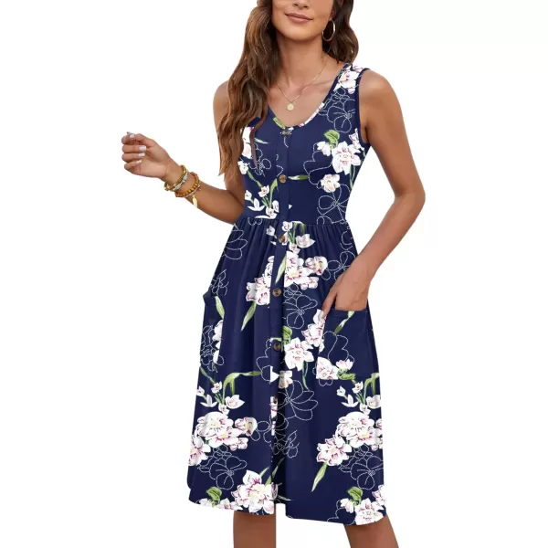 MOLERANI Women Summer Dresses Sleeveless Casual Loose Swing Button Down Midi Dress with Pockets02navy Blue Flower