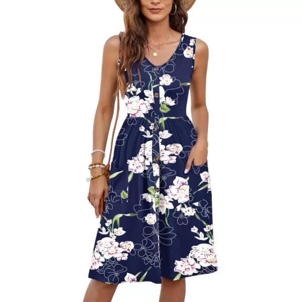 MOLERANI Women Summer Dresses Sleeveless Casual Loose Swing Button Down Midi Dress with Pockets02navy Blue Flower