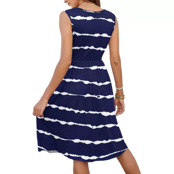 MOLERANI Women Summer Dresses Sleeveless Casual Loose Swing Button Down Midi Dress with Pockets02navy Wavy Striped