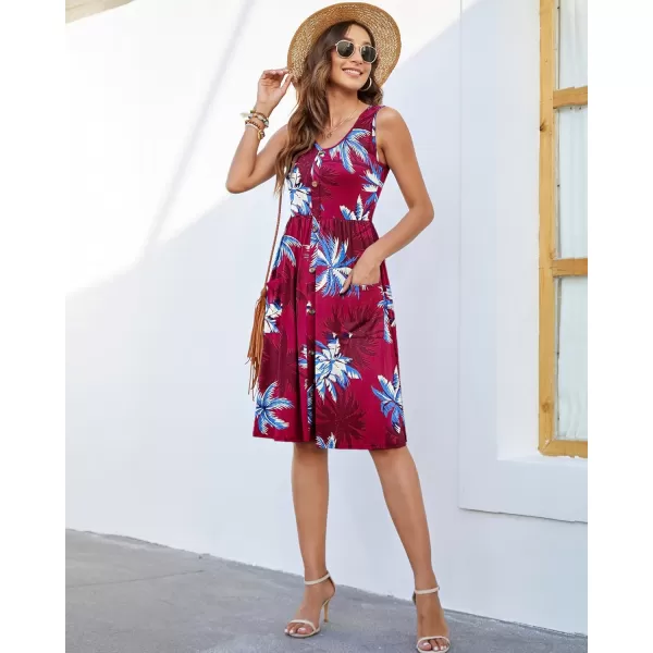 MOLERANI Women Summer Dresses Sleeveless Casual Loose Swing Button Down Midi Dress with Pockets02wine Coconut Tree