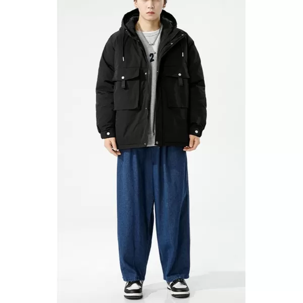 chouyatou Mens Outdoor Hooded Down Puffer Jacket Casual Big Pocket Parka Winter JacketsBlack