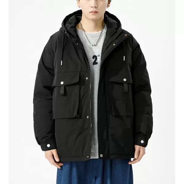 chouyatou Mens Outdoor Hooded Down Puffer Jacket Casual Big Pocket Parka Winter JacketsBlack
