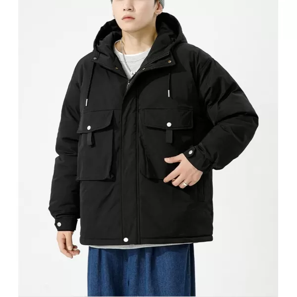 chouyatou Mens Outdoor Hooded Down Puffer Jacket Casual Big Pocket Parka Winter JacketsBlack